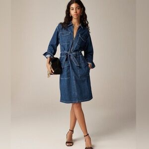 NEW J. Crew Denim Dark Blue Wash Utility Long Sleeve Cinch Tie Waist Dress